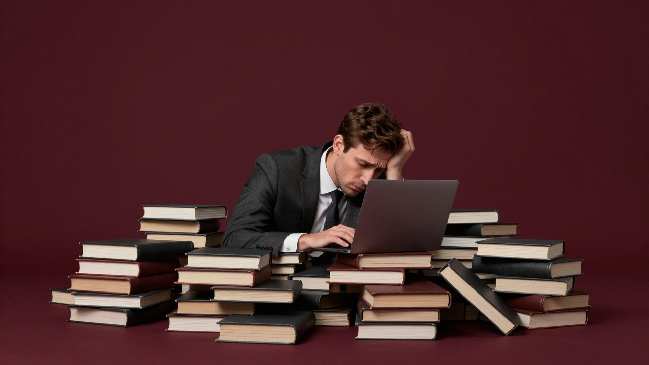 A business person buried under an endless pile of books, staring at a laptop with exhaustion