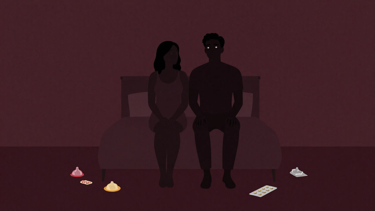 Silhouette of a couple looking into the future with anxious expressions against a background of condoms and a pill pack scattered on a bed