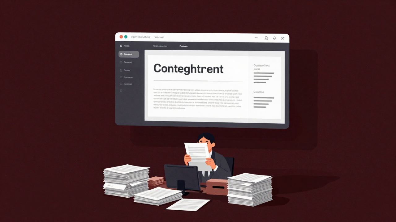 A contract management system UI screen looking expressionlessly down at a clerk buried under a mountain of contract documents