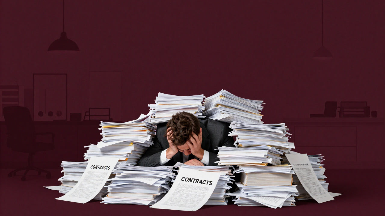 Illustration of a businessperson buried in a mountain of contract documents, looking distressed.