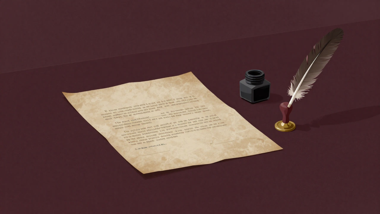 Image of an old contract with a heavy seal stamped, lying on a desk under dim light.