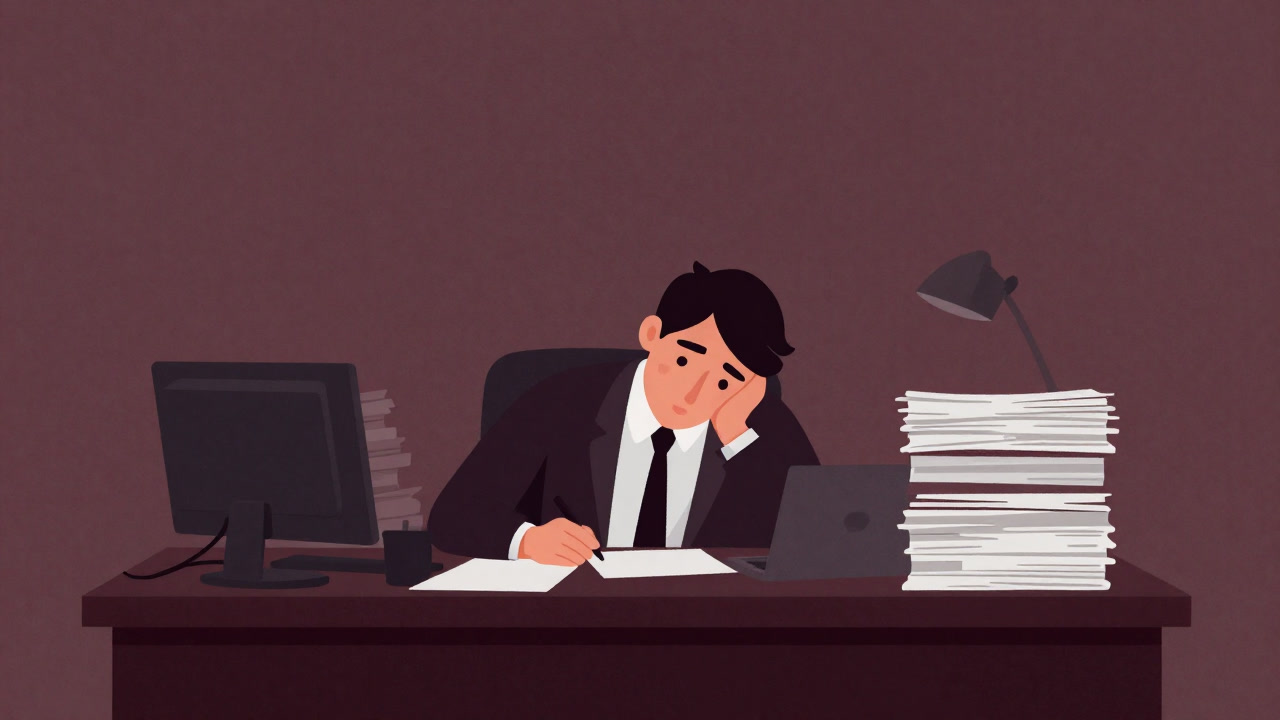 Illustration of a contract employee buried under piles of paperwork at a desk.