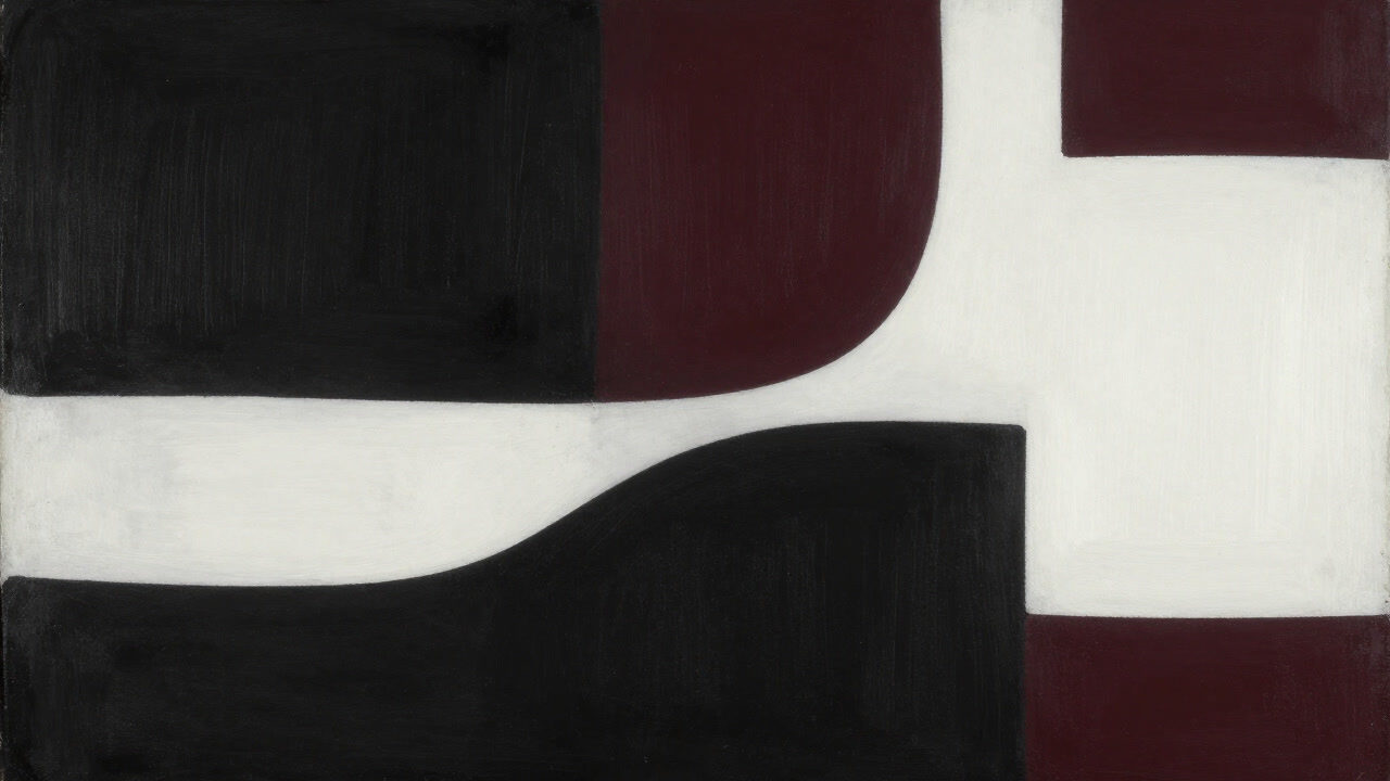 A monochrome abstract painting where black and white starkly confront each other with sharp boundaries