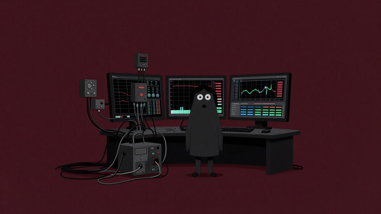 Image of a control system overwhelmed by wires and sensors, stunned before monitors displaying complex graphs.