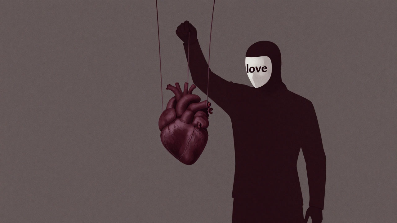 Illustration of a puppet controlled by strings, observed by a masked figure