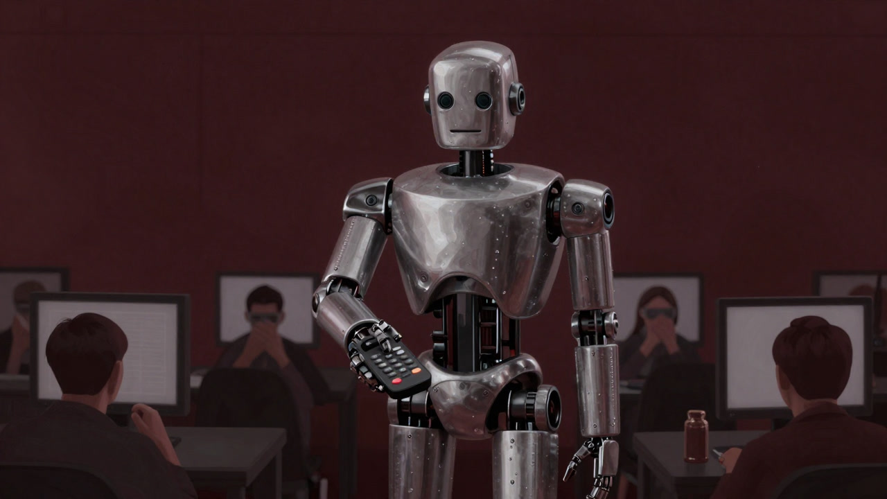 リモコンを手放せない人々に囲まれ、無表情にボタンを押し続ける自動化ロボットの画像