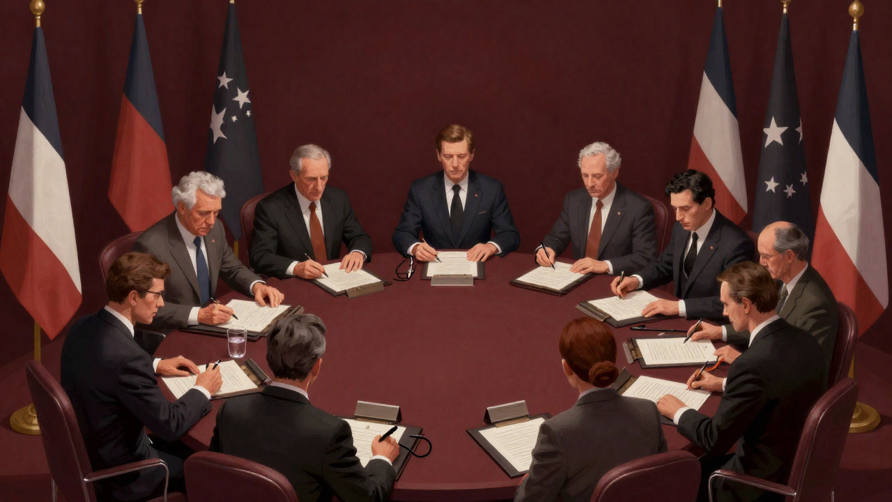 Illustration of diplomats surrounded by national flags at a conference table, staring blankly at a thick document for signing ceremony