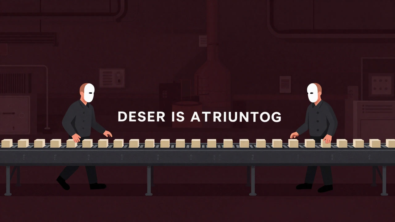 Illustration of two masked figures exchanging words like assembly line products in a factory setting, symbolizing awkward conversation.