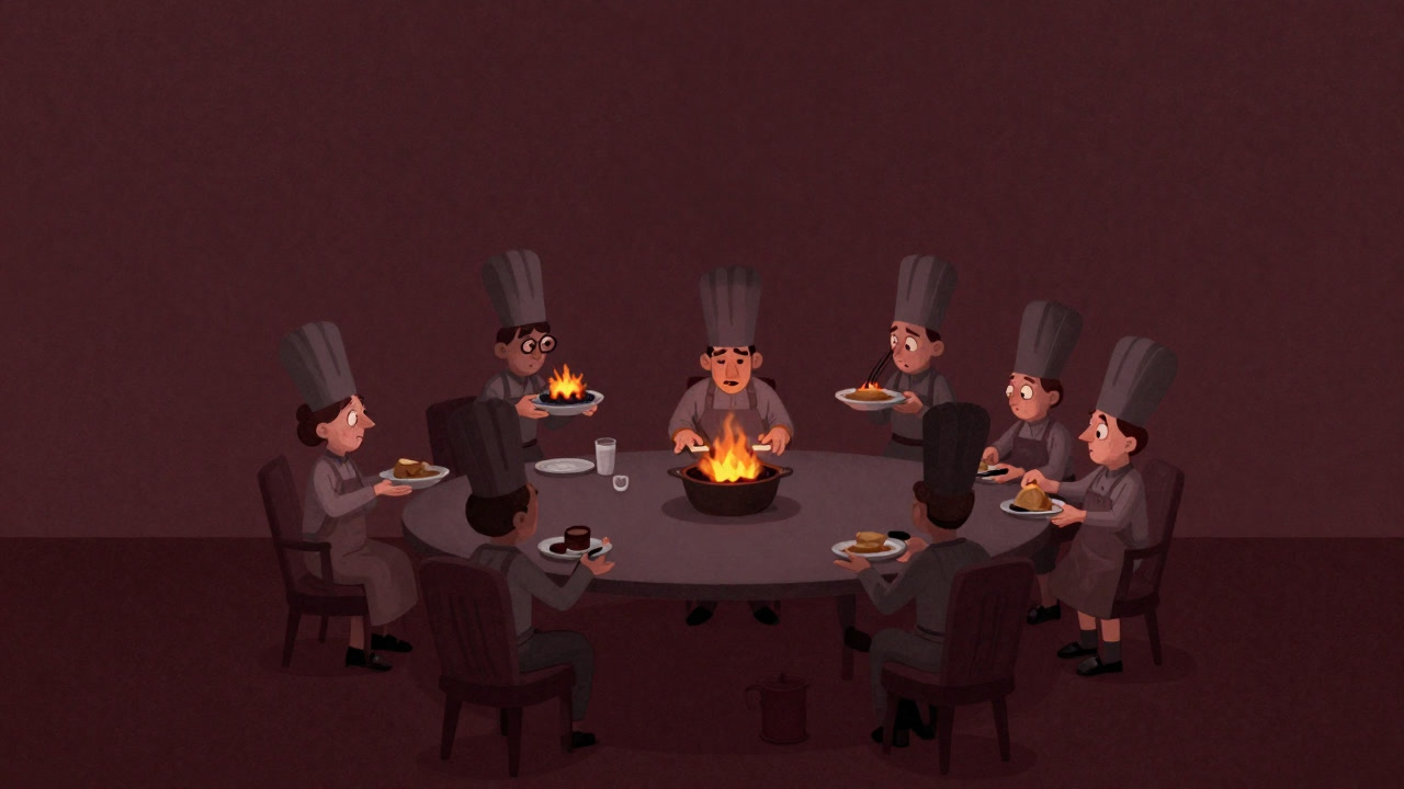 Participants smiling sheepishly over a table filled with various cooking failures