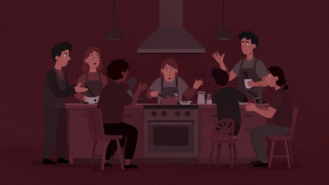 Illustration of multiple people cooking in a cramped kitchen, arguing over tasks.