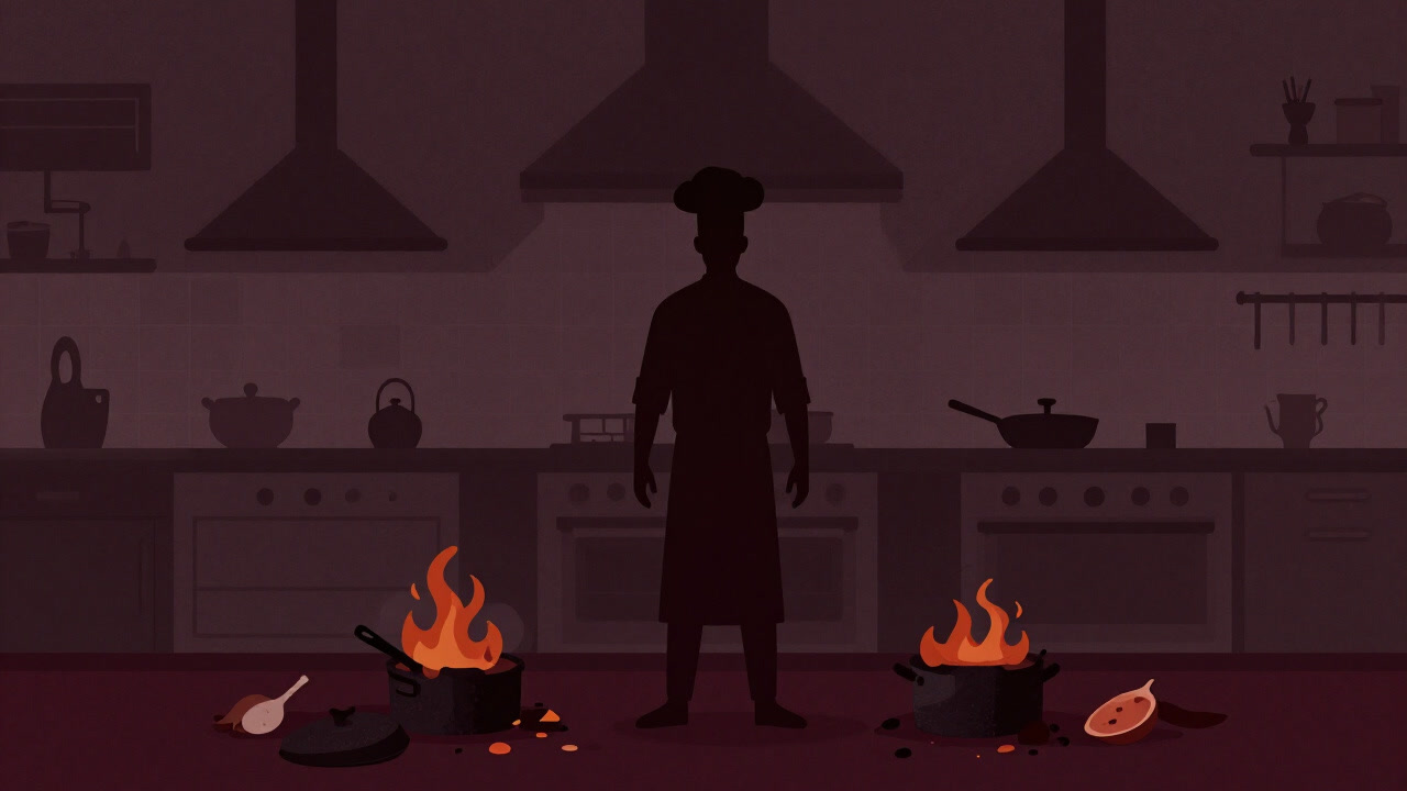 Image of a silhouette of a cook standing in a chaotic kitchen, surrounded by a pile of burnt pots and scattered ingredients.