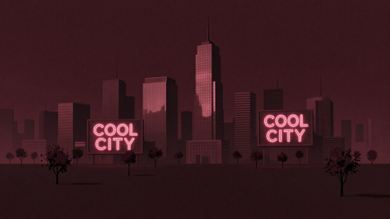 Panorama of a concrete jungle with trees forcibly planted and signs shouting ‘cool’, standing out in the cityscape.