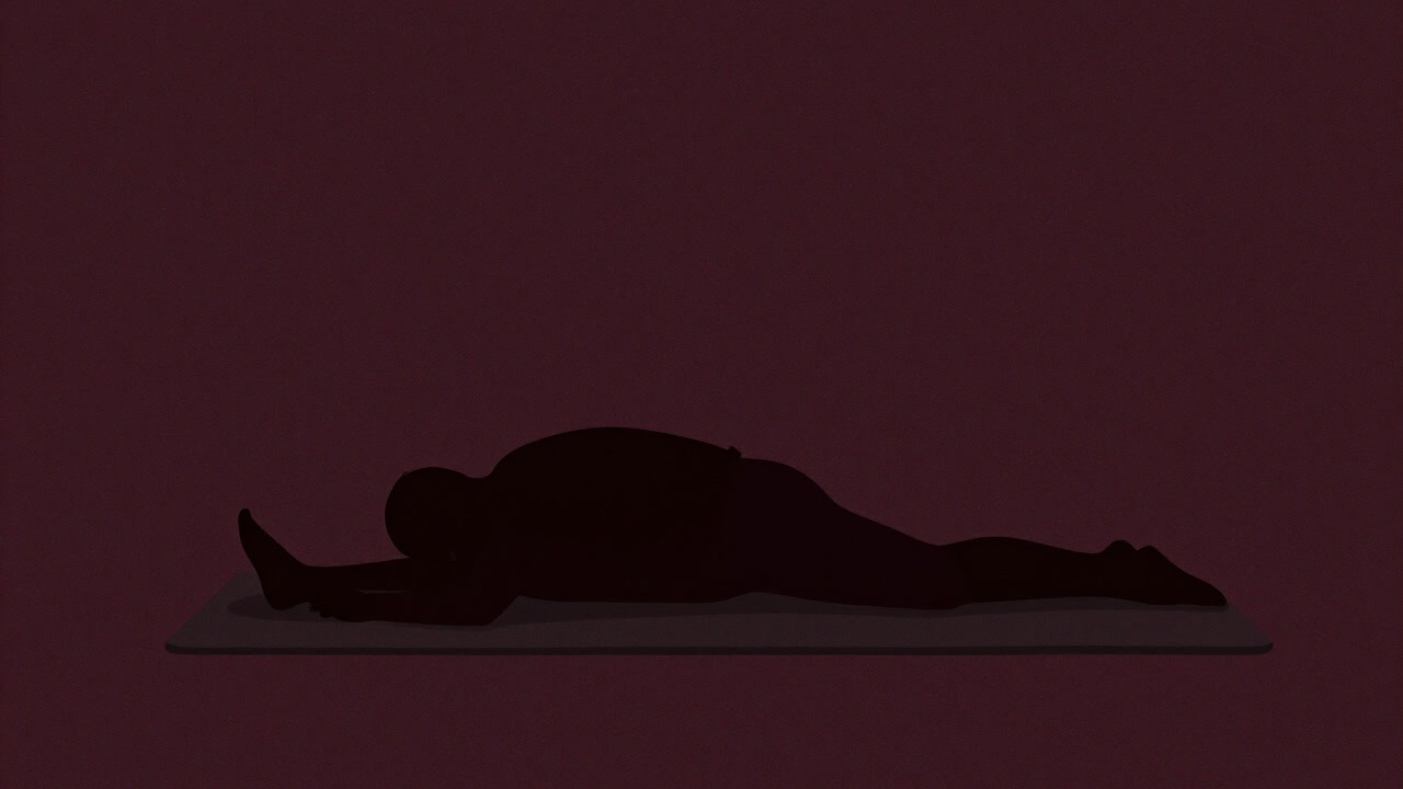 Silhouette of a person on a mat looking exhausted, performing stretches after exercise