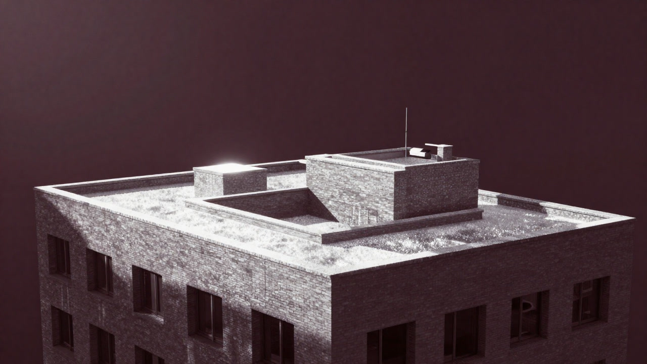 ビルの屋上に白く輝く塗装が施され、遠くからはまるで砂糖菓子のように見えるクールルーフの写真