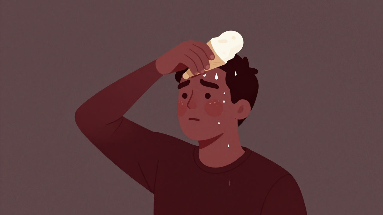 A person flushed red with sweat cooling their head with an ice cream.