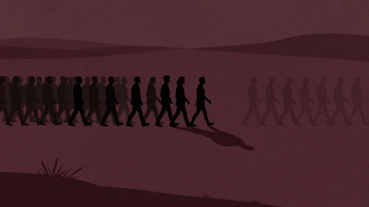 Illustration of multiple silhouettes marching in perfect unison in a world, except one individual's shadow facing the opposite direction.