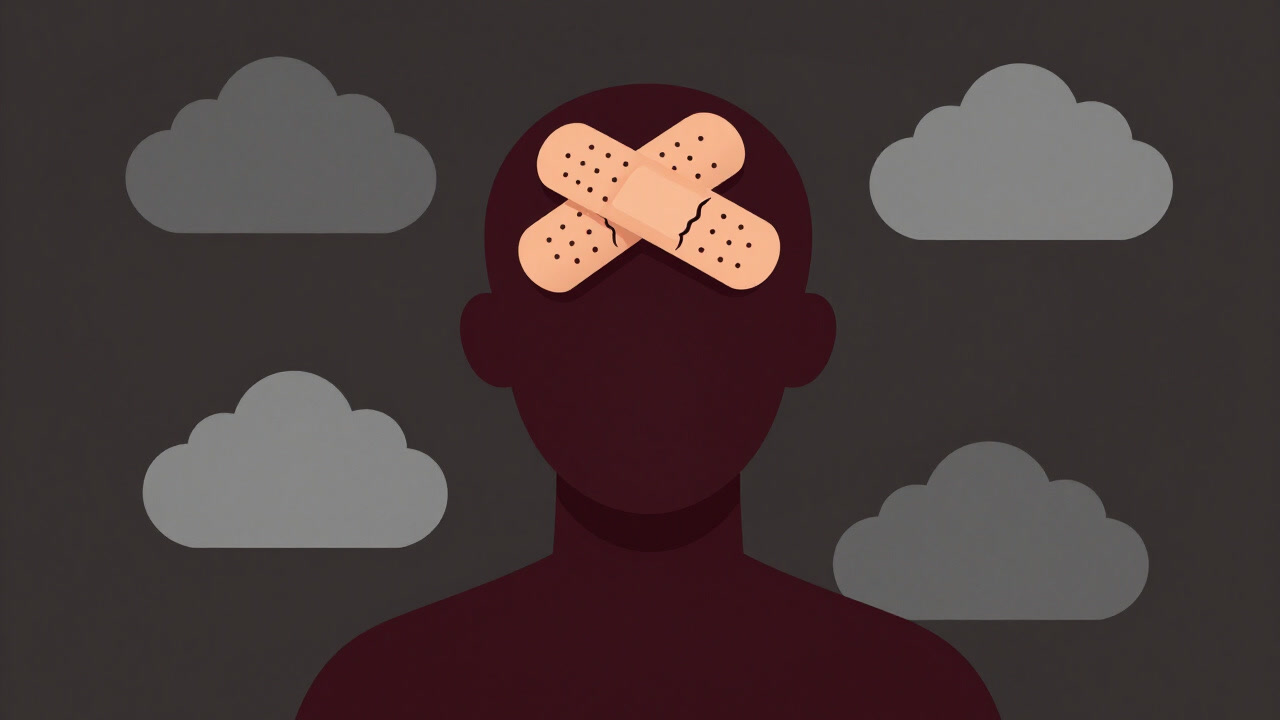 Image of a human silhouette caught in a swirl of murkiness, attempting to cover cracks in their mind with band-aids