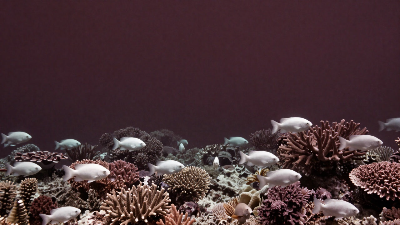 透明な海の中で、かつては色鮮やかだったサンゴ群が白一色に染まり、周囲を漂う魚影が哀愁を帯びている様子