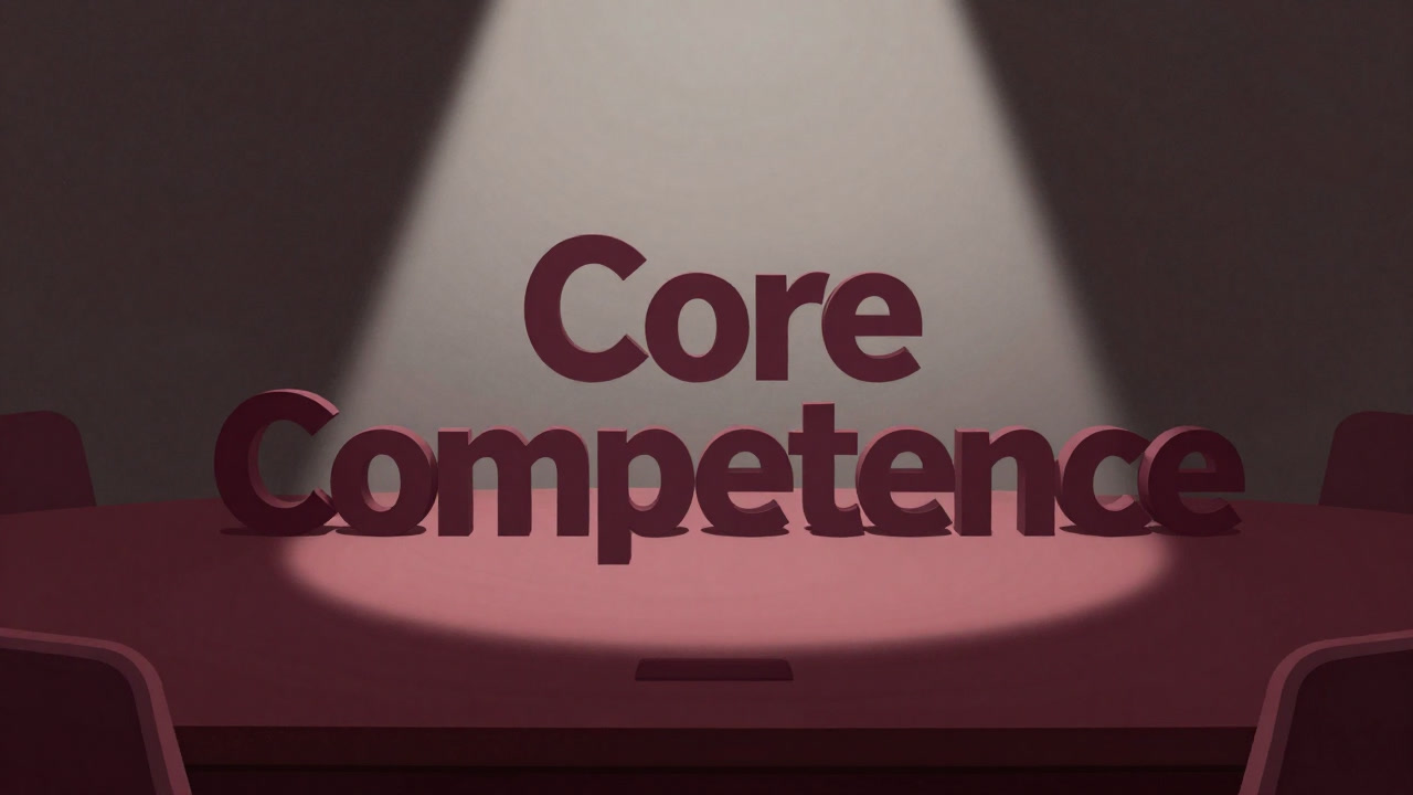 An object of large letters reading 'Core Competence' placed in the center of a conference room, bathed in light