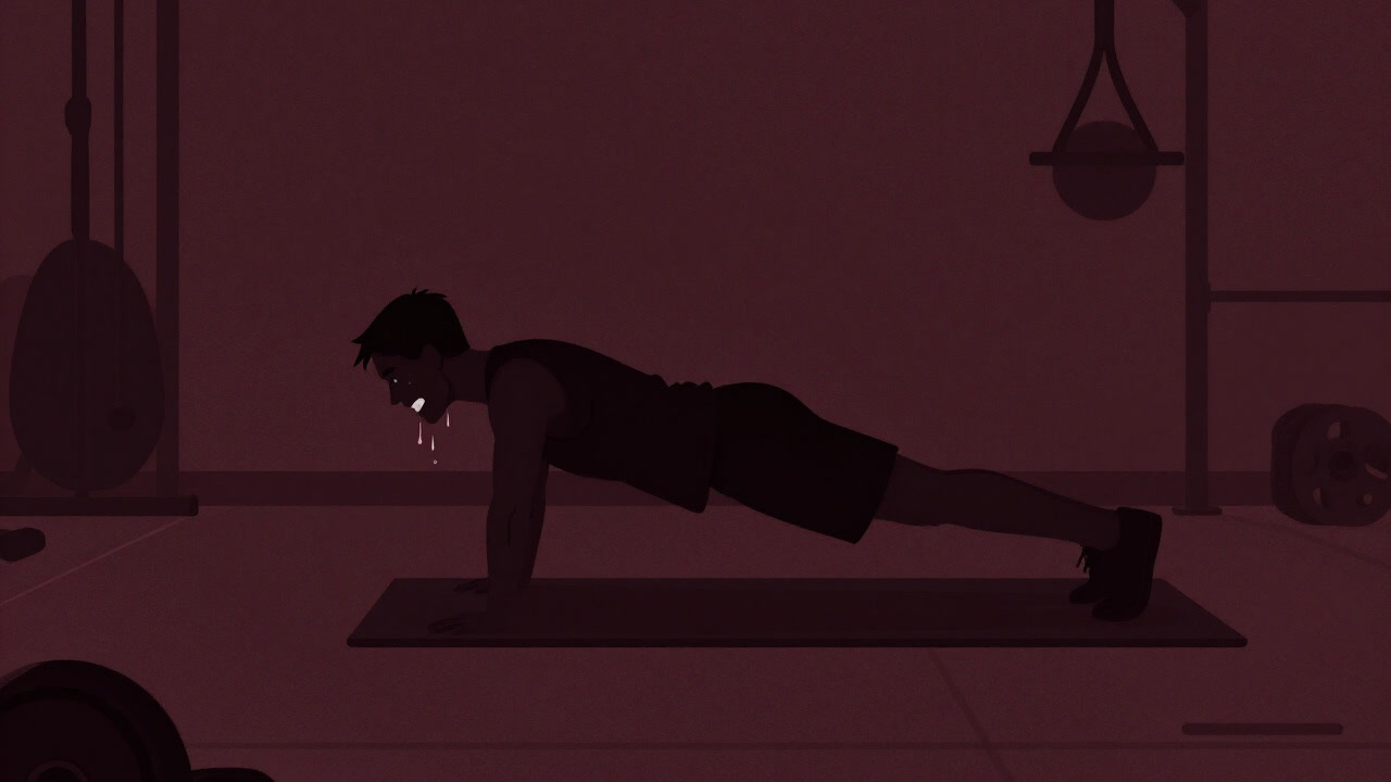 Silhouette of a person grimacing on a gym mat struggling with a core training exercise