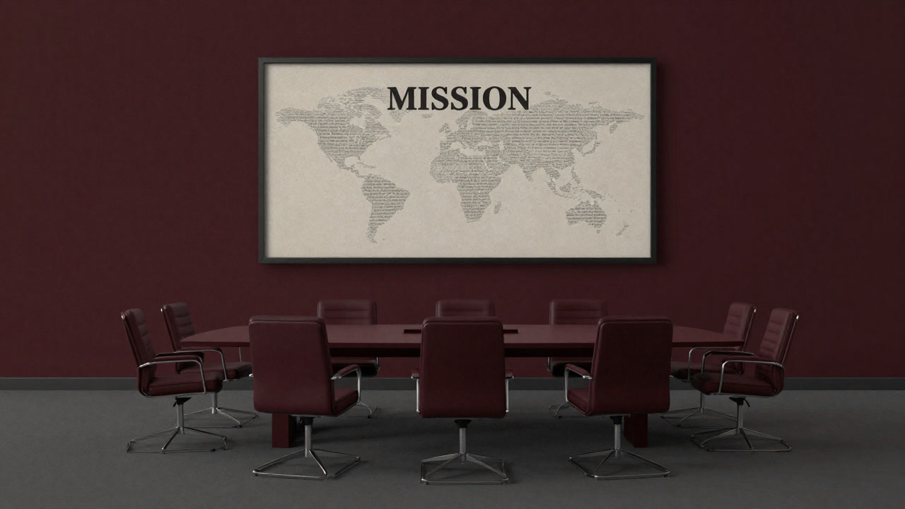 閑散とした取締役会室に並ぶ空席と、壁に掛かる大きな企業理念のポスター