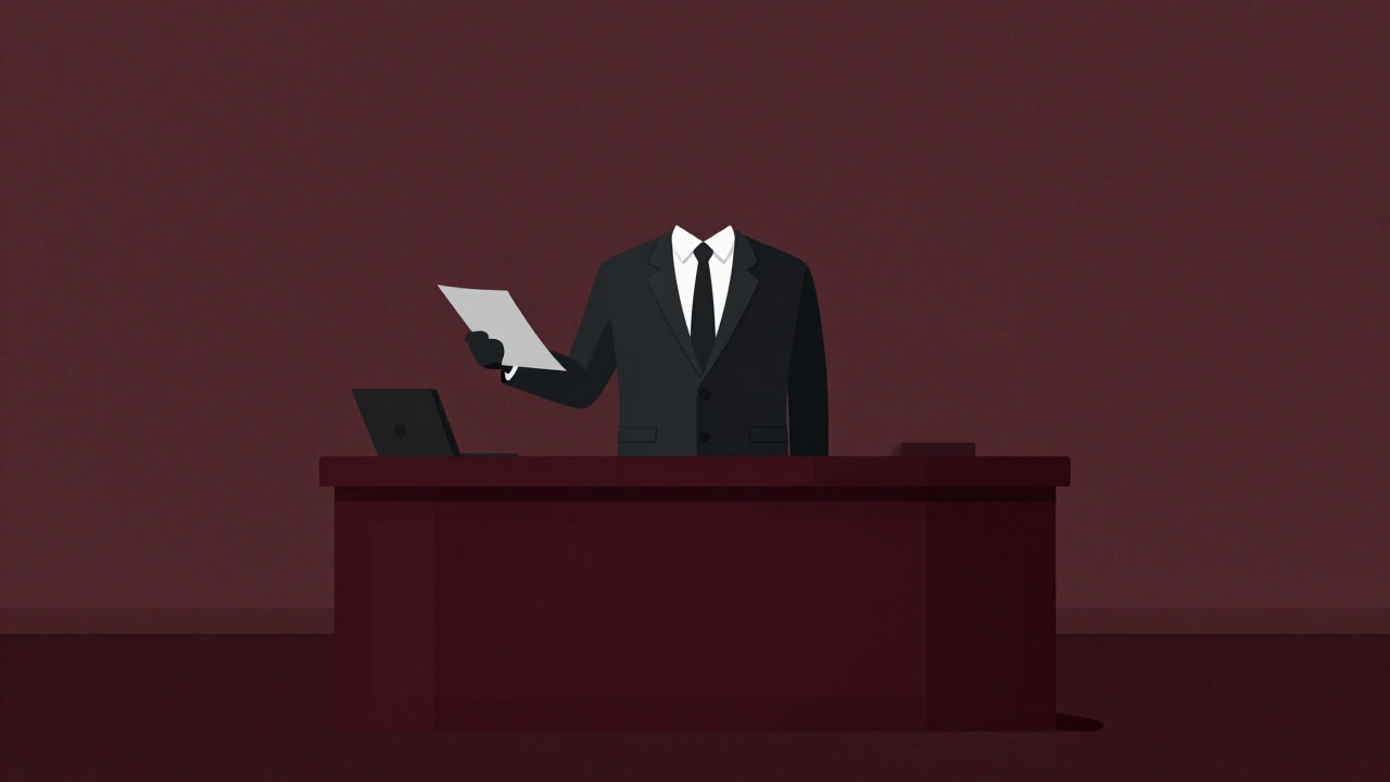 裁判所の証言台に立ち、無人のスーツ姿で演説する法人のイラスト