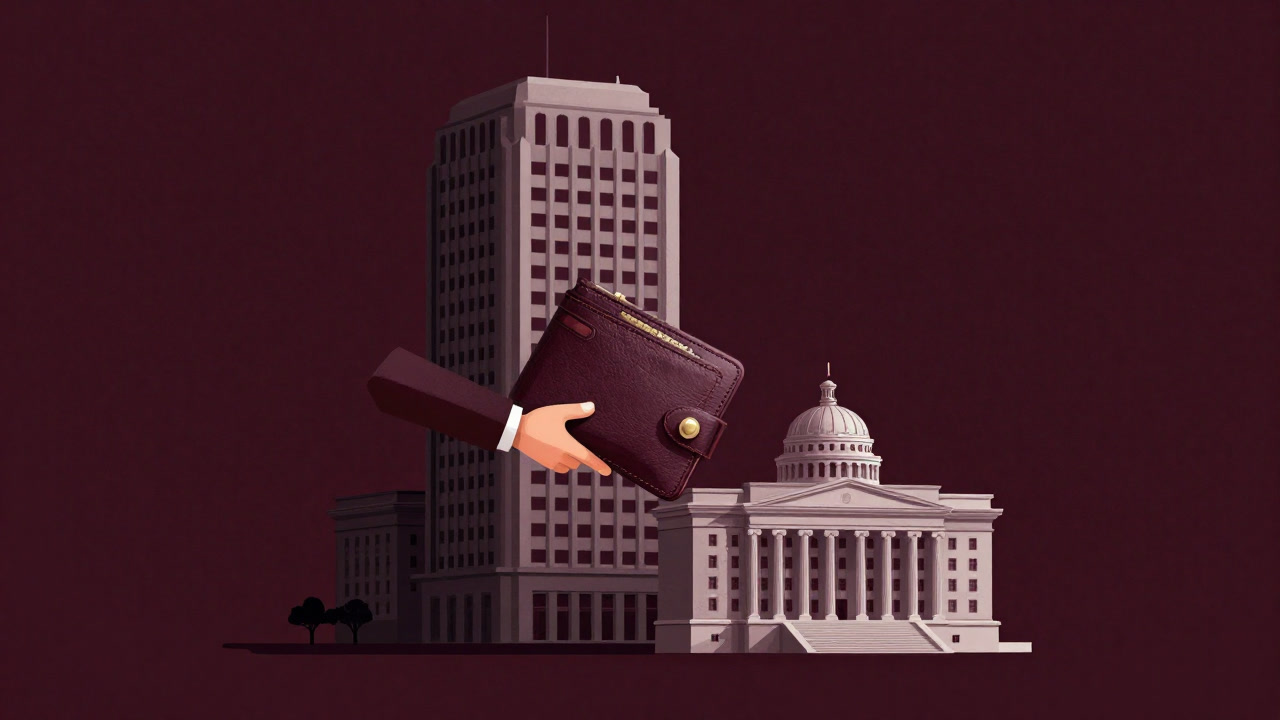 企業のビルが大きな財布を抱えて政府の建物に差し出している風刺的なイラスト