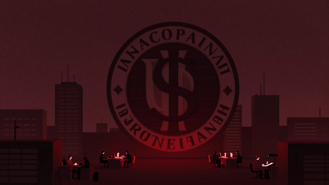 高層ビルの社章が目を光らせ、下で人々が小さく働く様子を真っ赤な照明で照らすイラスト