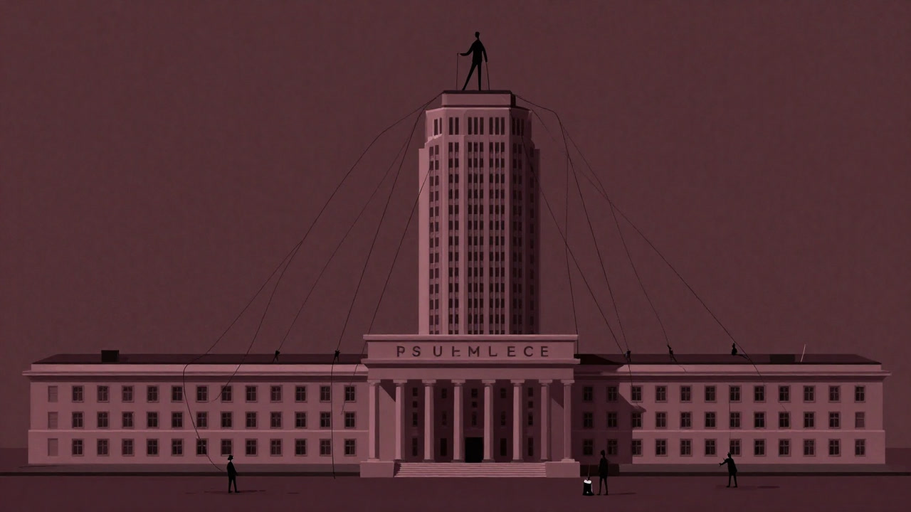 ビルの上から無数の操り糸で国会議事堂を操る巨大な企業のイラスト