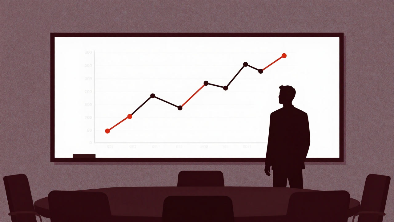 Silhouette of a businessman standing stunned in front of a whiteboard in a corporate meeting room, showing a scatter plot.