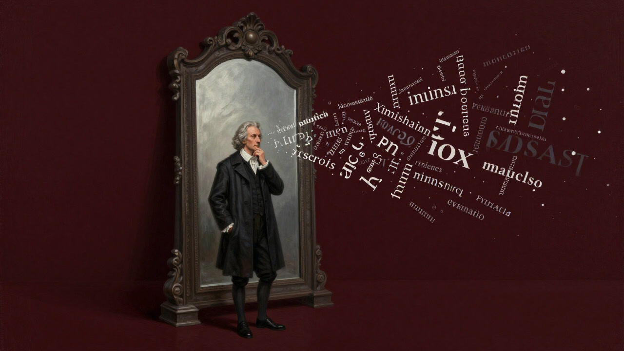A philosopher stands before a giant mirror reflecting a pile of abstract words