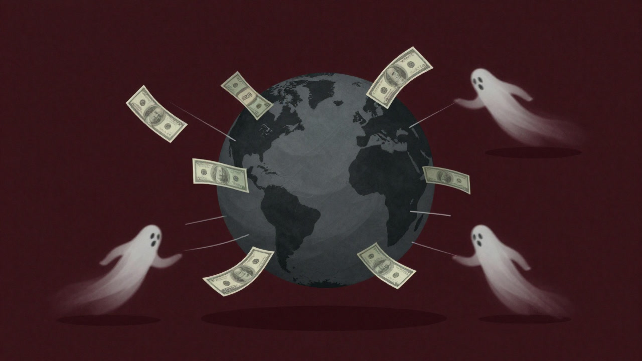 世界中を飛び回る資金と、それを追いかける手数料の姿を暗示するイラスト