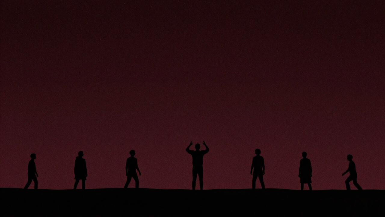 夜空を背景に虚空に向かって祈る人々の影が映る劇的なイラスト