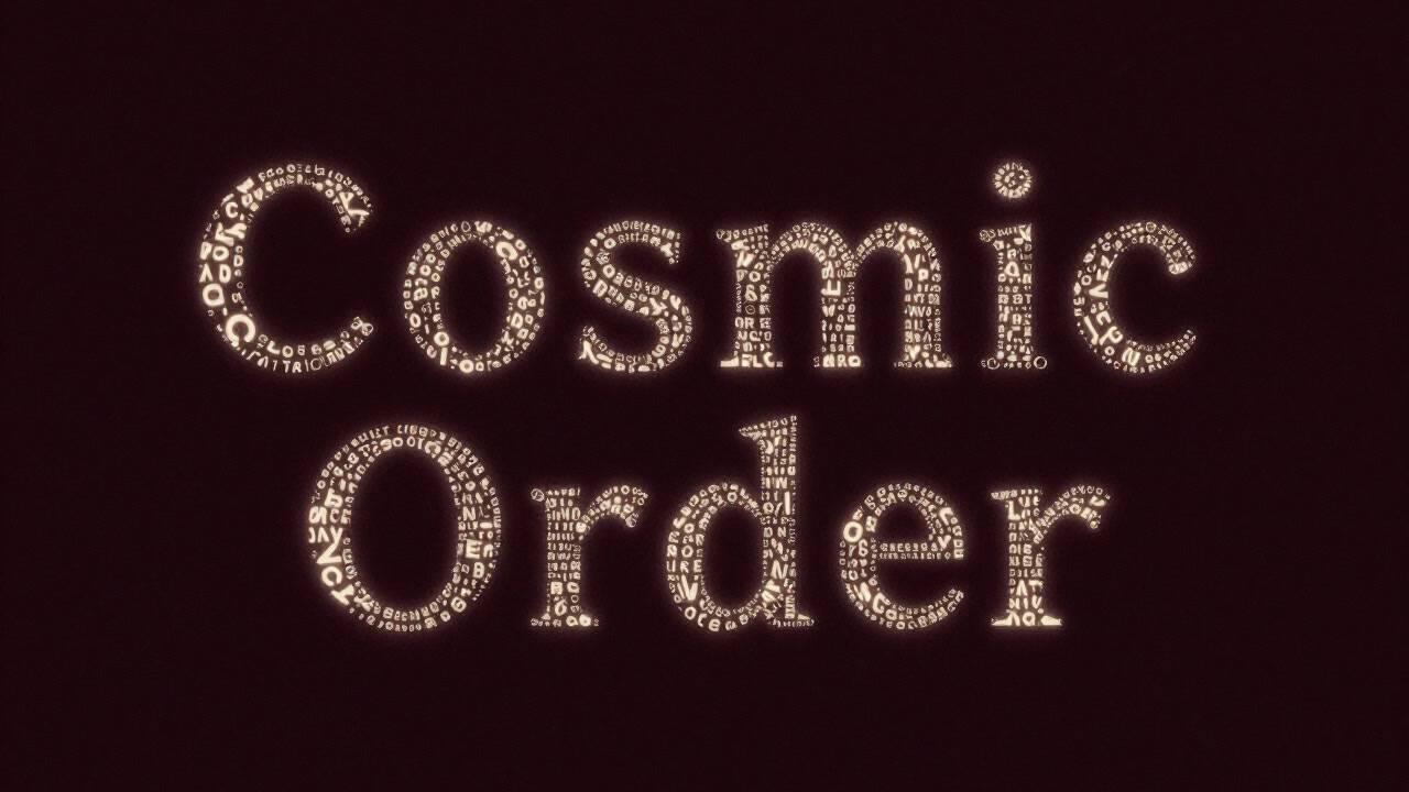 漆黒の背景に浮かぶ無数の小さな文字で『宇宙秩序』と書かれ、その意味を問いかける謎めいたビジュアル
