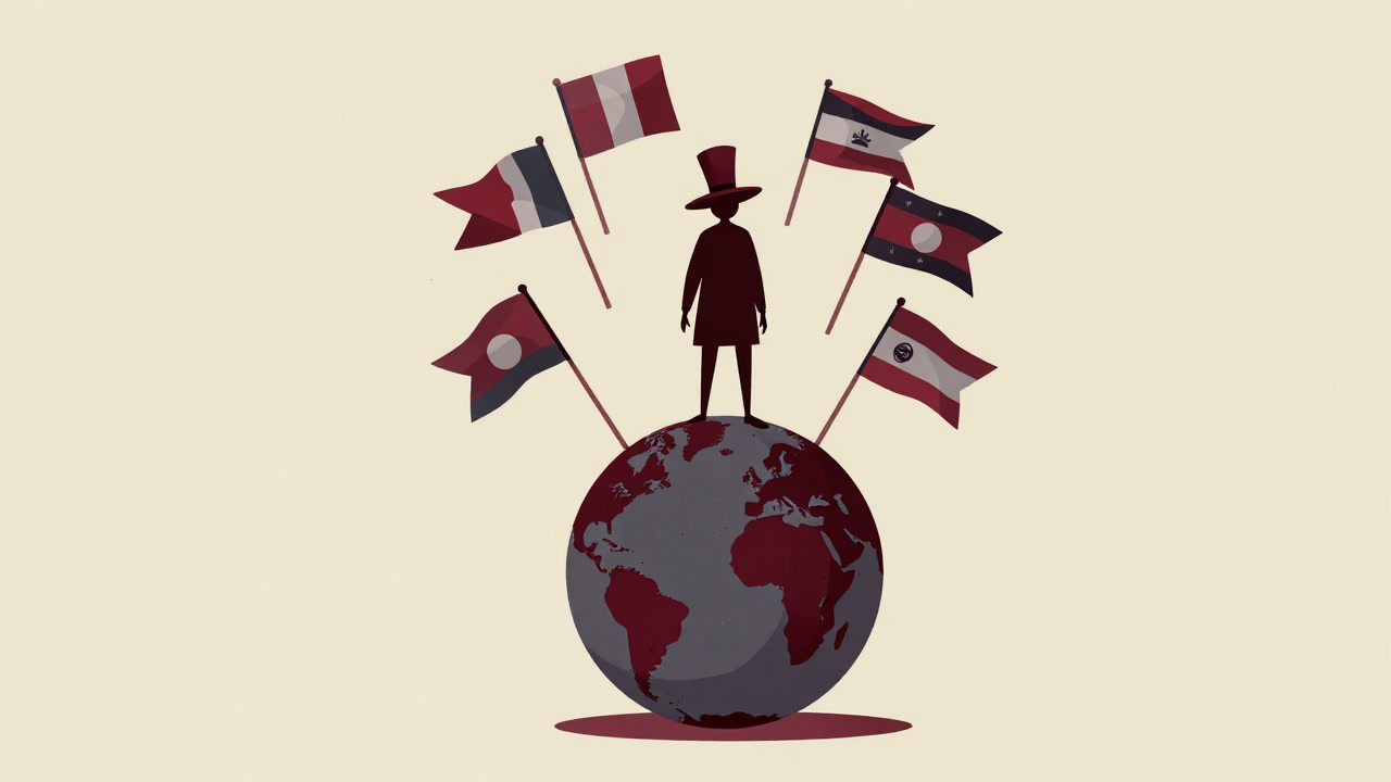 Illustration of a person standing proudly on a globe wearing a hat with various national flags in the background