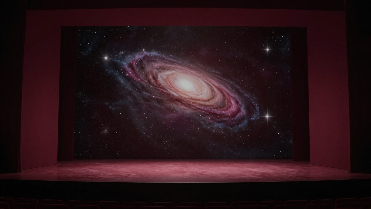 無限に広がる星々を背に、観客のいないステージのようにたたずむ宇宙のイメージ