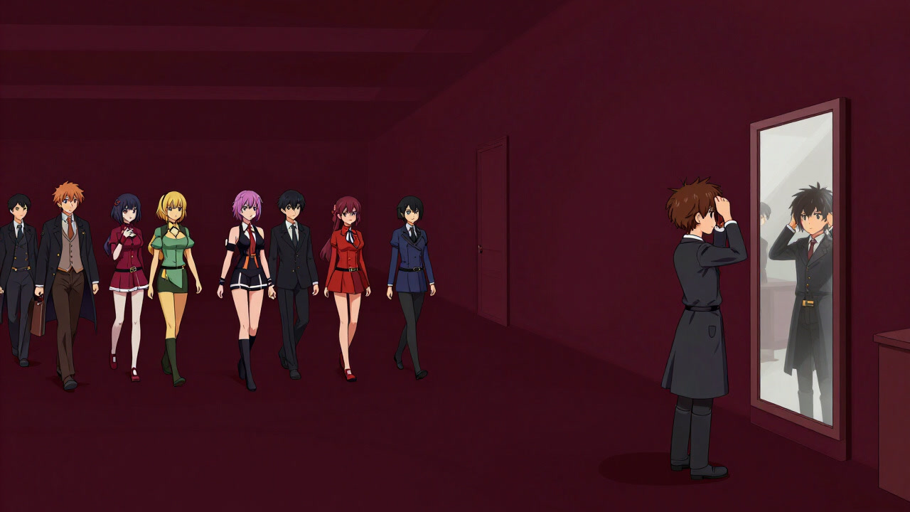 多彩なコスプレイヤーが行き交うコンベンション会場で、一人のコスプレイヤーが鏡の前でウィッグを直す様子の画像