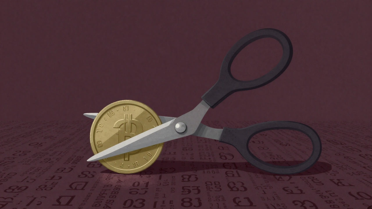 巨大なハサミで企業のコインをチョキンと切るコスト管理の象徴