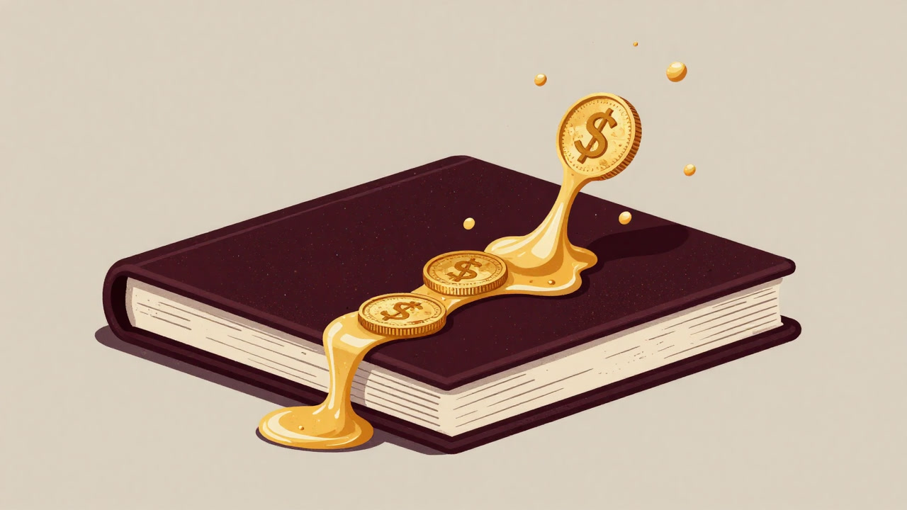 An illustration of sold goods being sucked into a dark ledger, with profits melting away