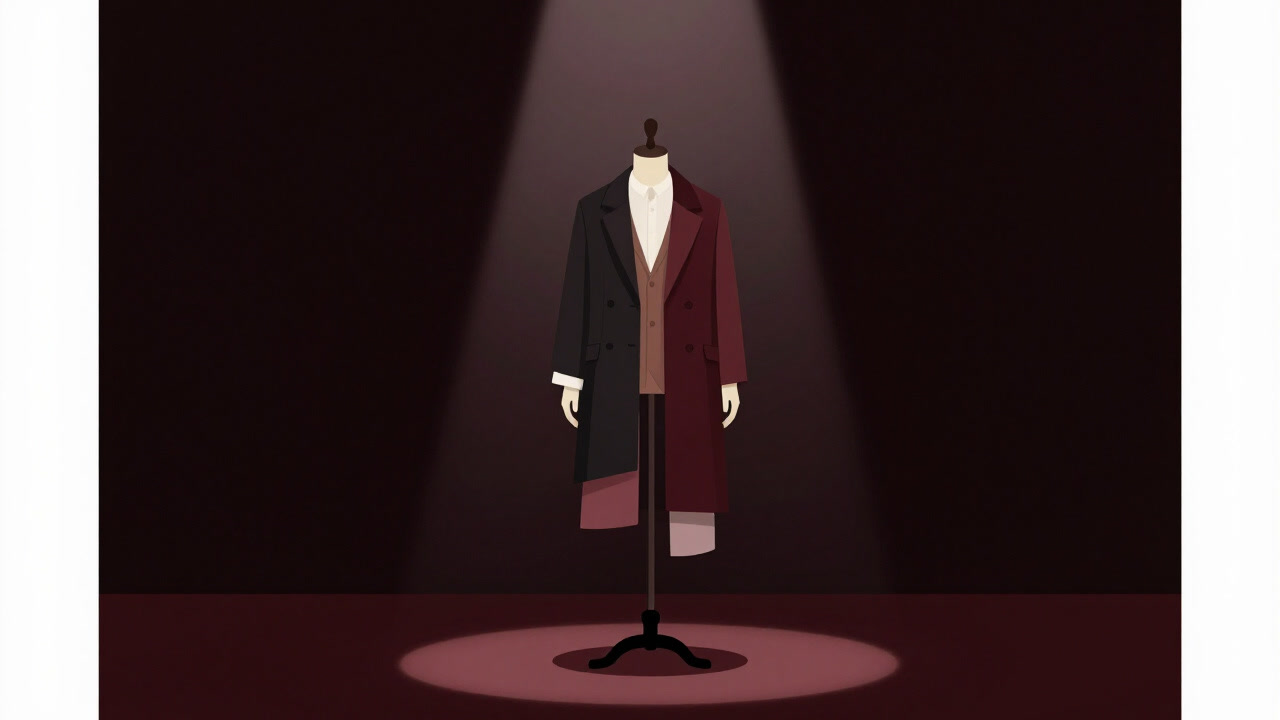 A dramatic photo of a mannequin in darkness wearing layered mismatched costumes