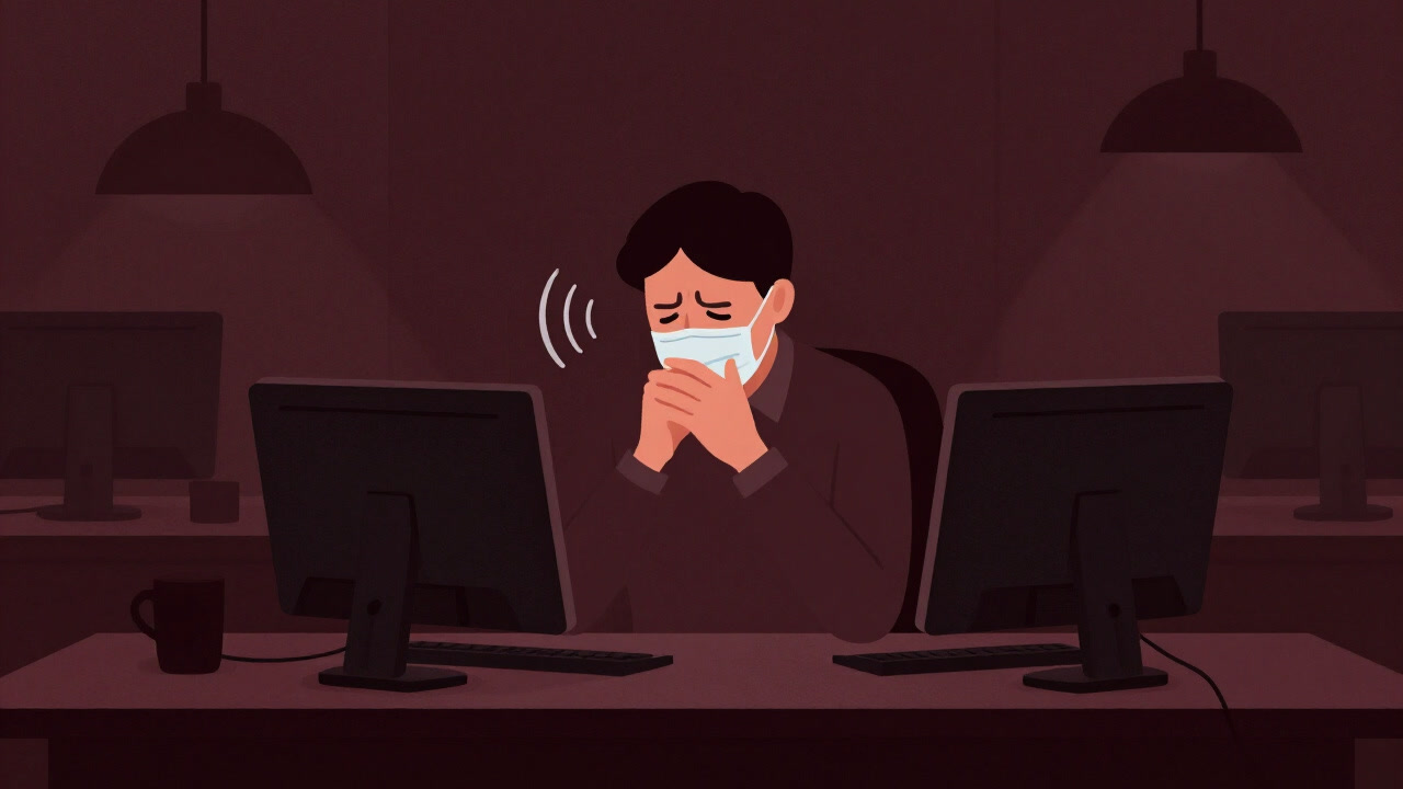 マスク越しに漏れる不気味な咳音が響き渡る静かなオフィスの風景