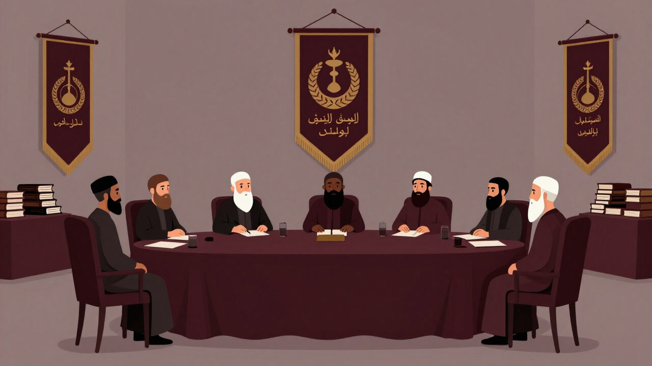 Illustration of diverse religious representatives solemnly seated around a luxurious conference table, with stacks of sacred texts piled behind them.