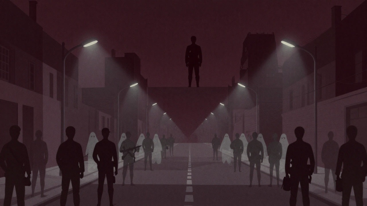 A silhouette of a soldier overlooking a silent street at night where the protesters' shadows have vanished, leaving only lights.