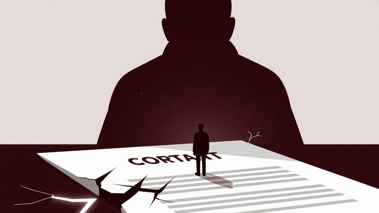 An illustration of a contract with cracks spreading across its surface, with a giant silhouette wearing a sly grin towering over the counterparty.