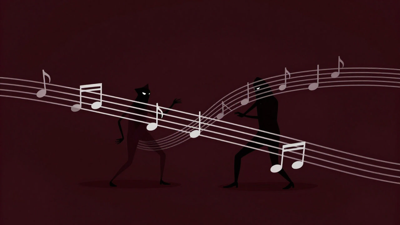 An image of intertwining staff lines where musical notes glare at each other, turning the sheet into a quiet battlefield.