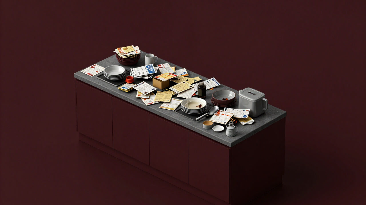 Bird’s-eye view of a countertop buried under mail and dishes