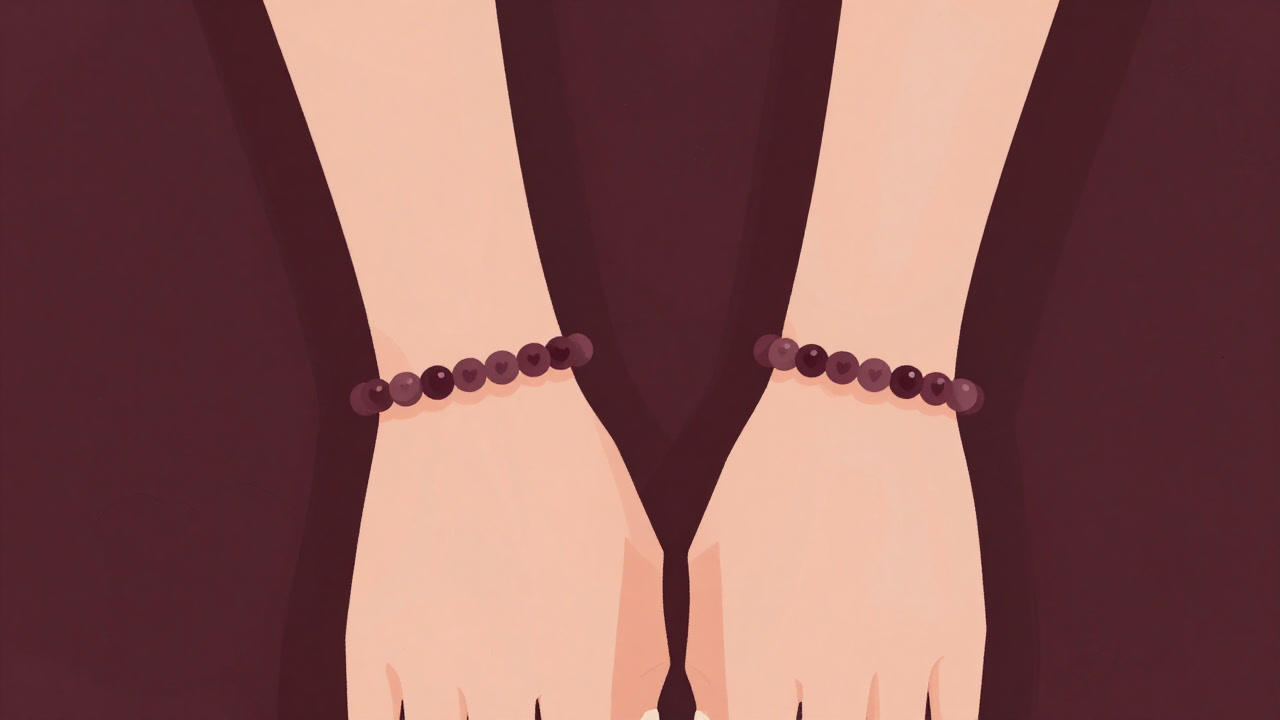 二人の手首に揺れるペアのビーズブレスレットをクローズアップで捉えたイラスト