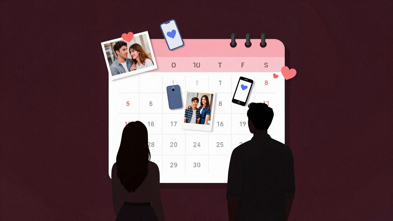 Illustration of a color-coded monthly couple schedule and two silhouettes holding smartphones