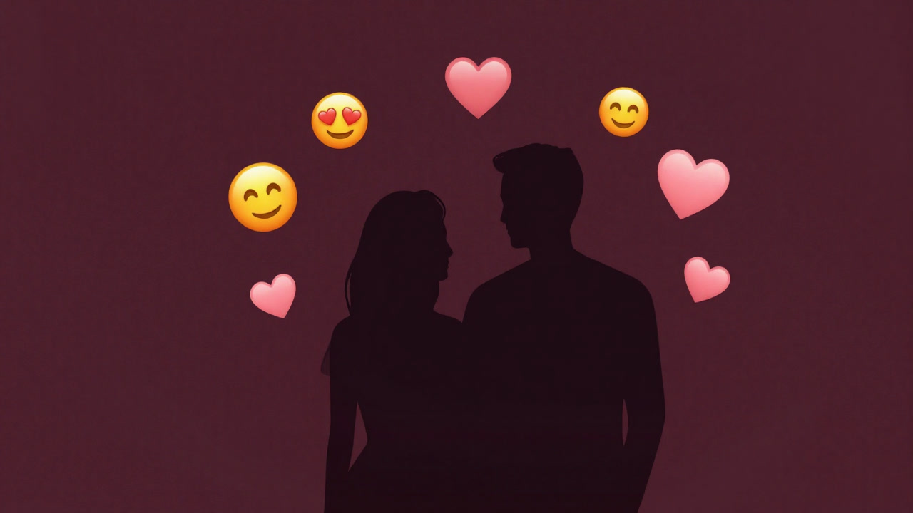 Silhouette of a couple surrounded by glowing heart emojis shining on a social media timeline