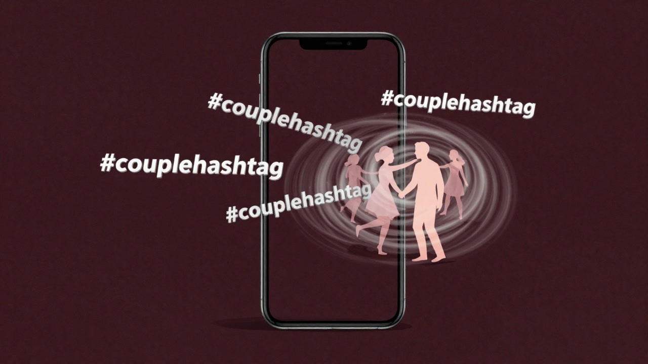Illustration of '#couplehashtag' tags popping out of a smartphone screen into a vortex that pulls in illusory images